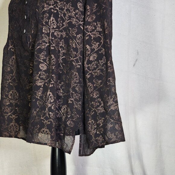 Chico's Dark Brown Gold Silk Foil Sheer Floral Print LS Blouse Chico Sz 3 US XL - Picture 9 of 16